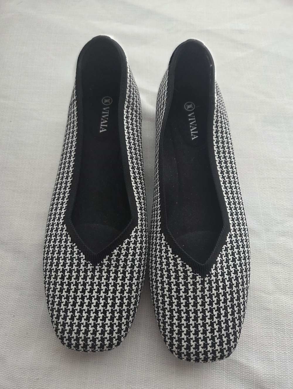 Vivaia Margot 2.0 square-toe v-cut Flats, Black & White Houndstooth Pattern,40.5